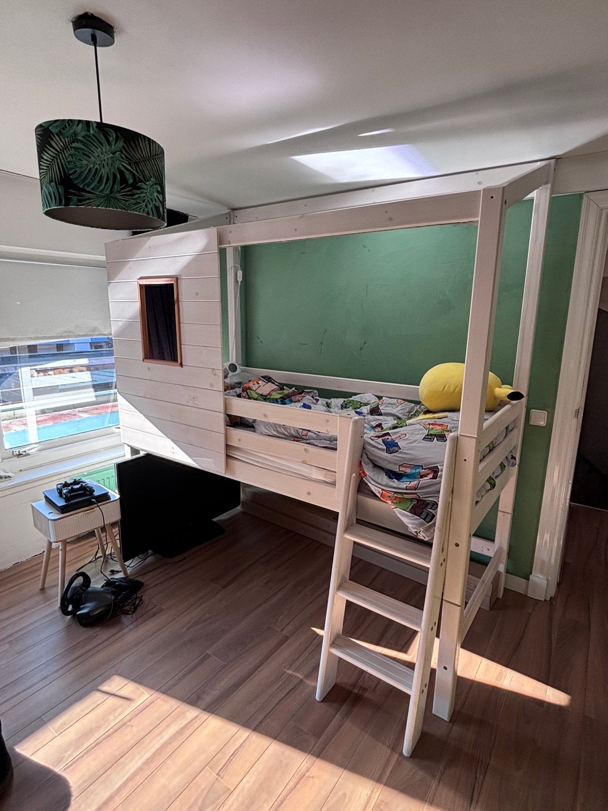 Witte hoogslaper met dakje, Ophalen, Gebruikt, Eenpersoons, 160 tot 180 cm