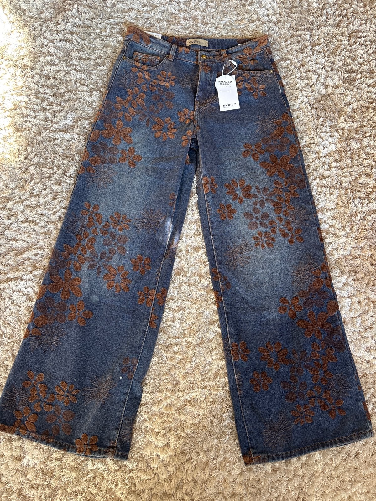 Prachtige Mid rice spijkerbroek met bloemenprint, Maat 38/40 (M), Blauw, Nieuw, Ophalen of Verzenden