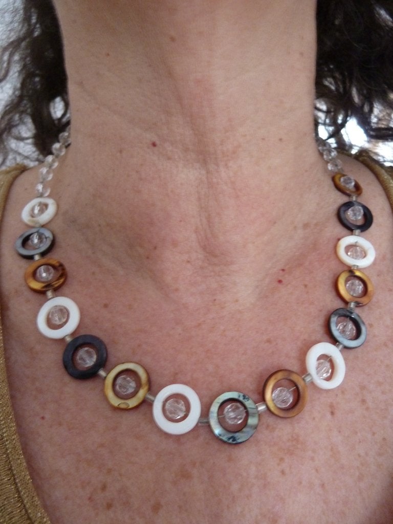 Aparte modernist ketting, echt parelmoer + kristal kralen, Sieraden, Tassen en Uiterlijk, Kettingen, Overige kleuren, Verzenden