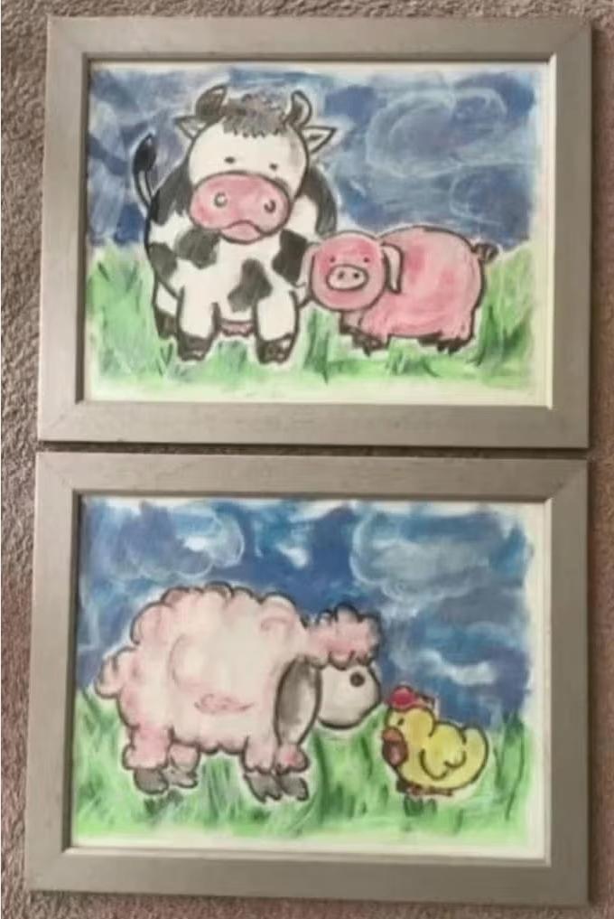 Krijttekeningen schaap, koe, varken, kuiken kinderkamer deco, Ophalen of Verzenden, Zo goed als nieuw, Wanddecoratie