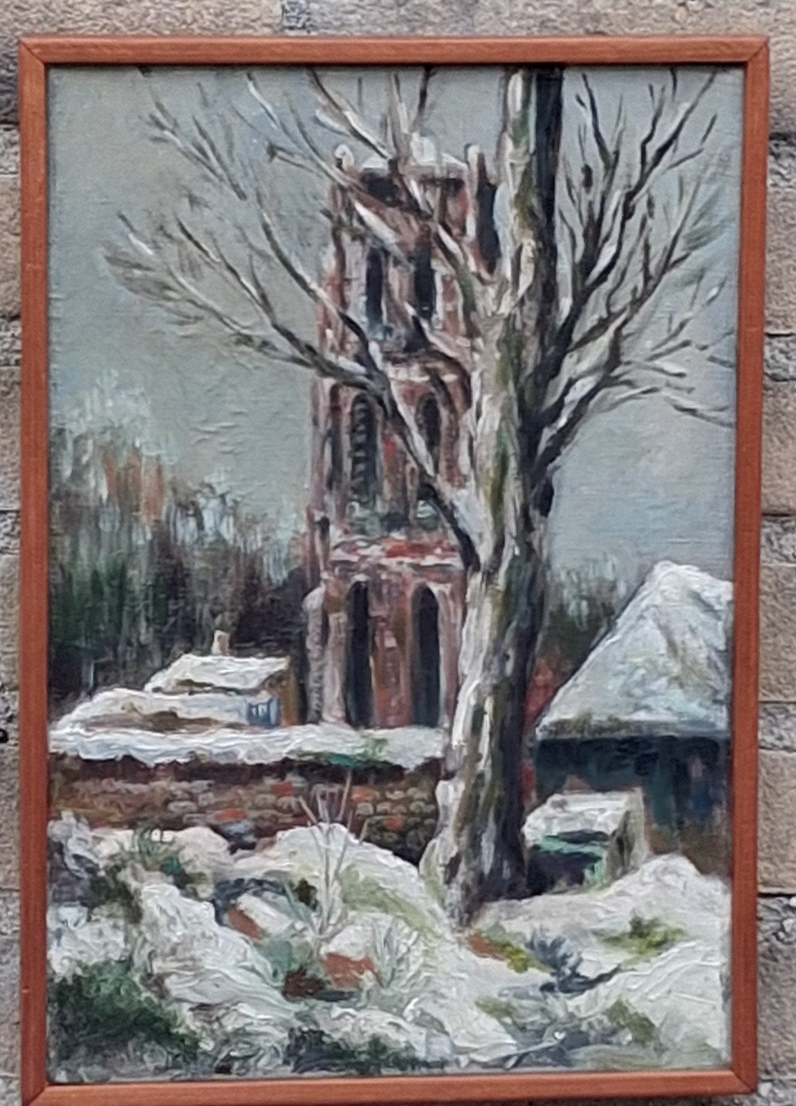 Gerrit Pas, Besneeuwd kerkje. 1958. Olie/doek. 25/36 cm., Antiek en Kunst, Ophalen