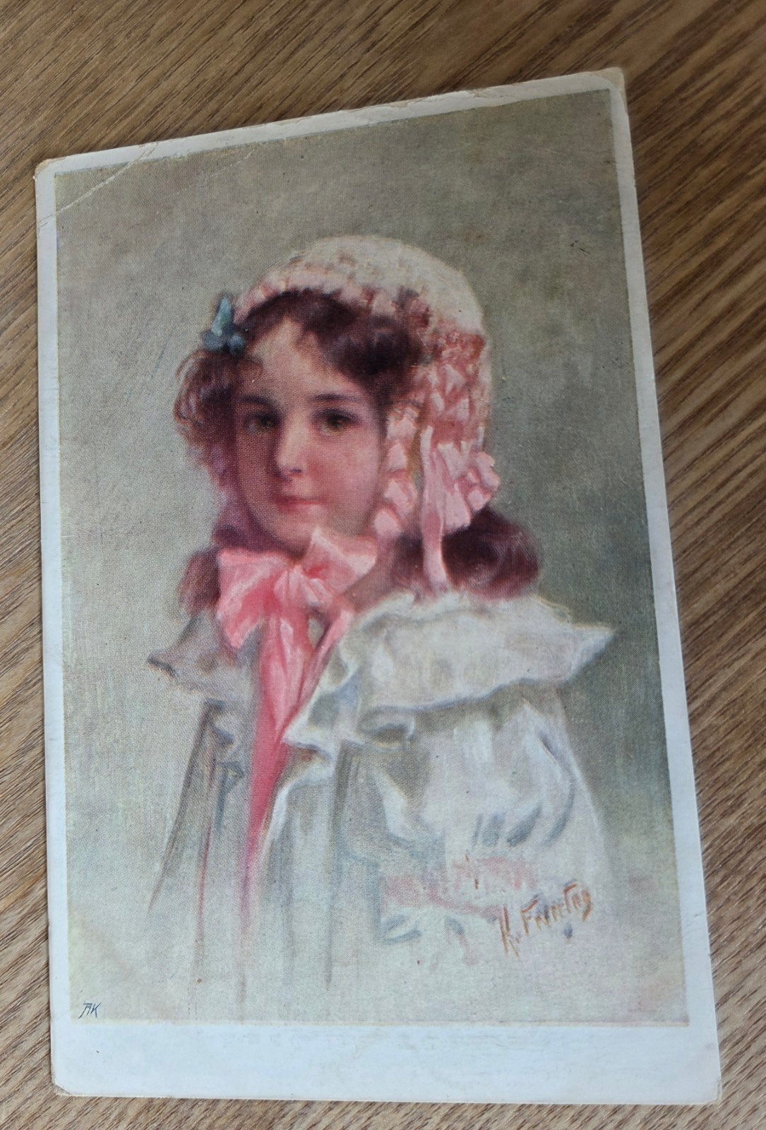 Antieke Ansichtkaart: Meisje met Roze Strik en Kapje, Verzamelen, Verzenden, Voor 1920, Gelopen, Kinderen