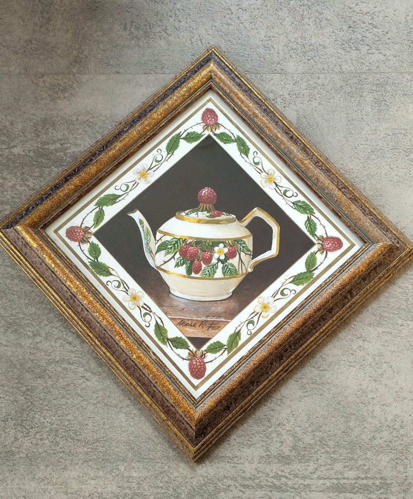 Arnie R. Fisk Vintage theepot schilderij met framelijst, Minder dan 50 cm, Oorspronkelijke maker, Verzenden, Zo goed als nieuw
