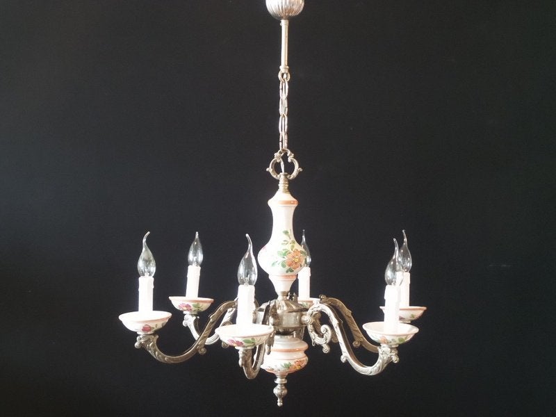 Klassieke italiaanse kroonluchter met porseleinen schalen, Huis en Inrichting, Ophalen, Gebruikt, E14 (klein)