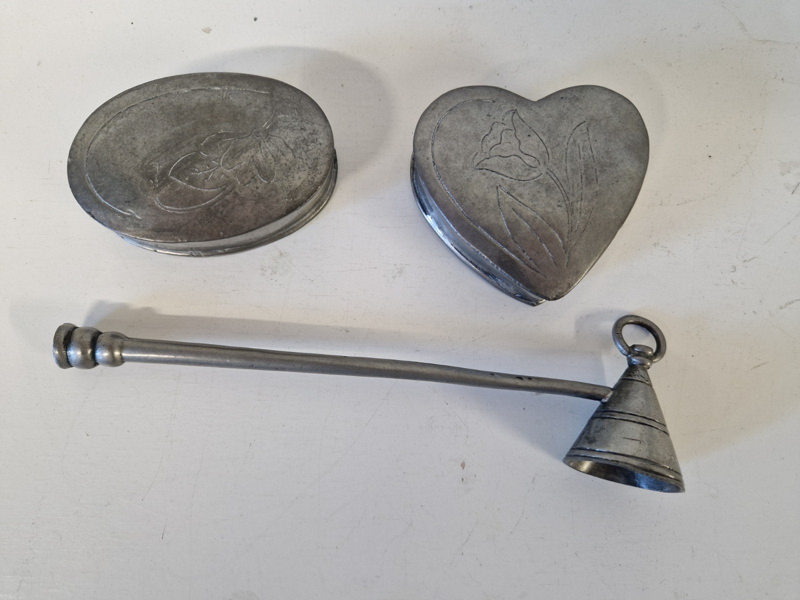 Antieke tinnen doosjes en vlamdover - 95% tin, Ophalen of Verzenden