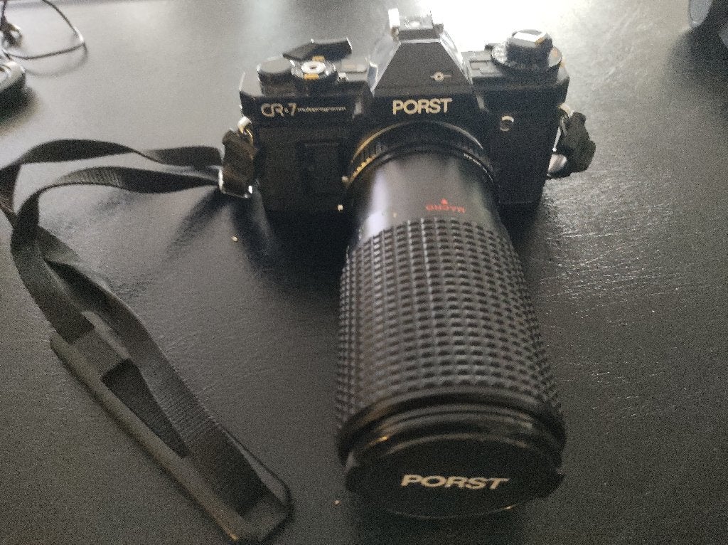 Porst CR-7 Multiprogram analoge fotocamera+3 lenzen+flitser., Ophalen of Verzenden, Gebruikt, Spiegelreflex, Overige Merken