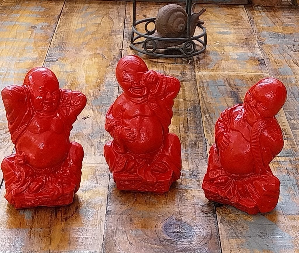 Set Boeddha's "Horen, Zien en Zwijgen, Rood, Steen/keramiek, Ophalen of Verzenden, Zo goed als nieuw