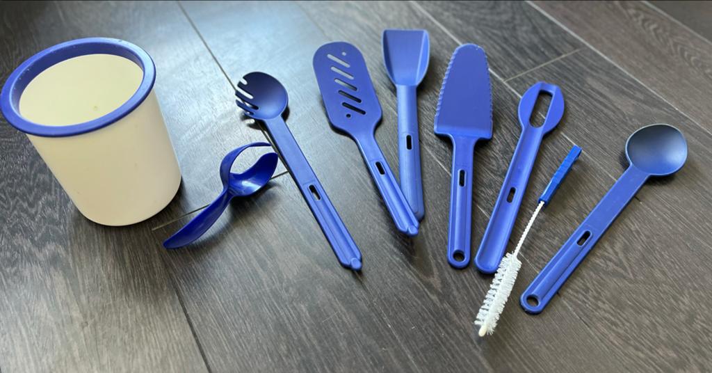 Blauwe keukenhulpjes set met houder, Ophalen, Zo goed als nieuw