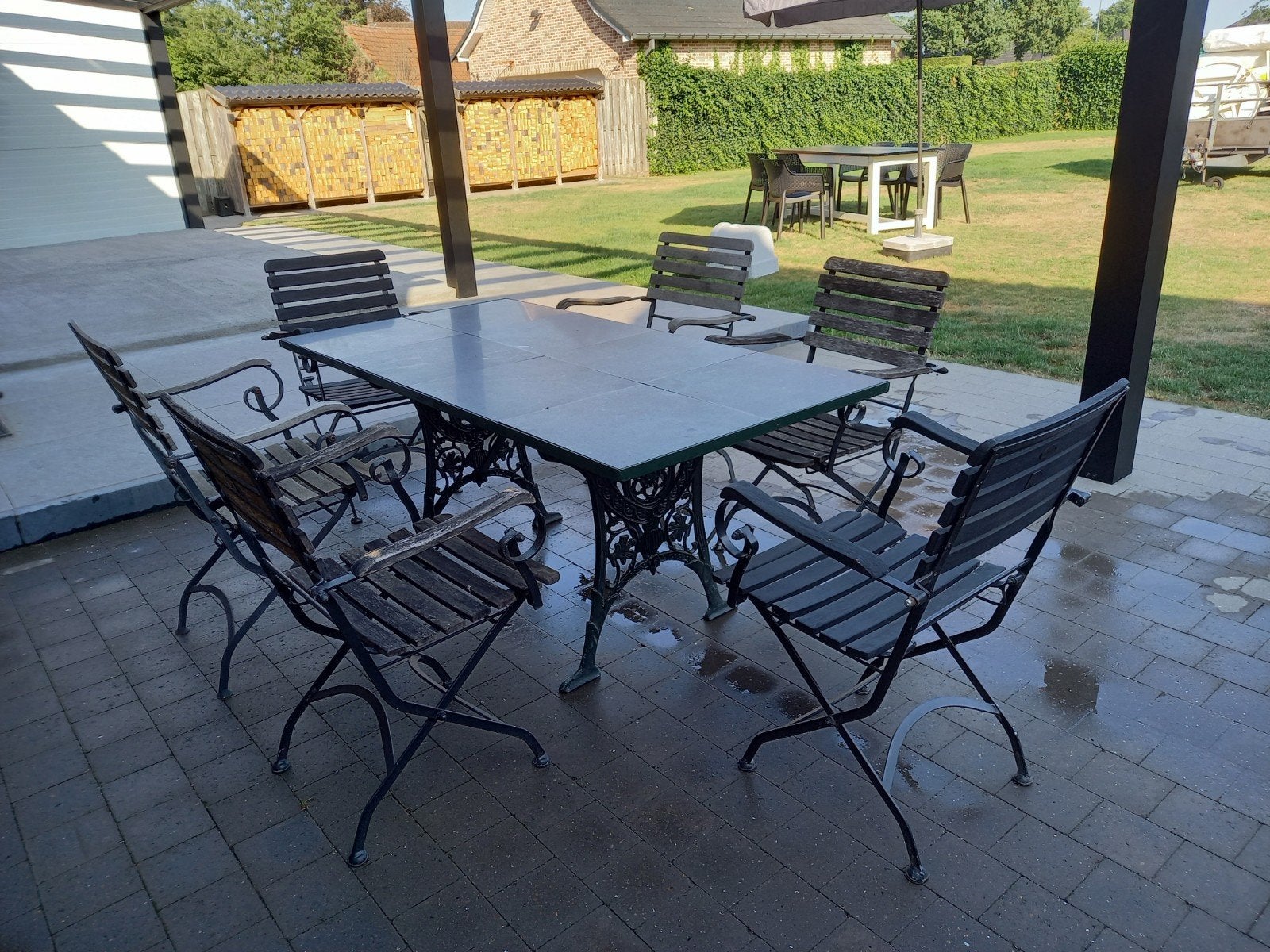 Robuuste tuinset met 6 bistro stoelen en gietijzeren onderst, Ophalen, Gebruikt, 6 zitplaatsen, Tuinset