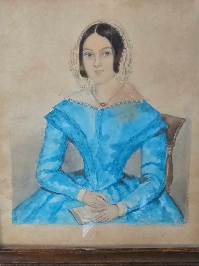 Biedermeier schilderij portret / gouache wortelnoten lijst, Antiek en Kunst, Ophalen of Verzenden, Achter glas