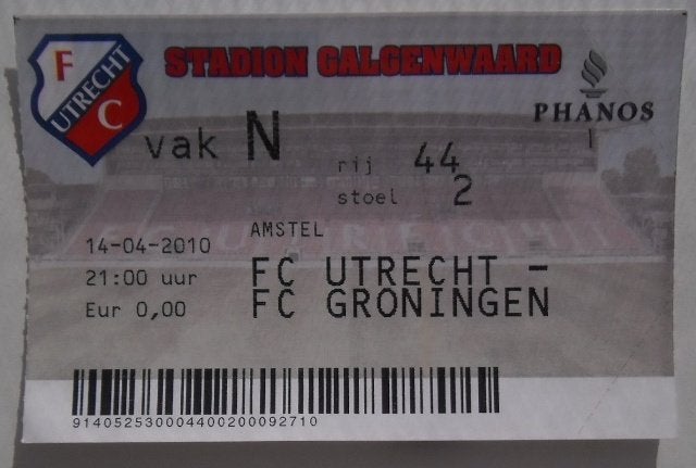 Oude ticket - FC Utrecht-FC Groningen - 14-04-2010, Verzamelen, Ophalen of Verzenden, Gebruikt, F.C. Utrecht, Overige typen
