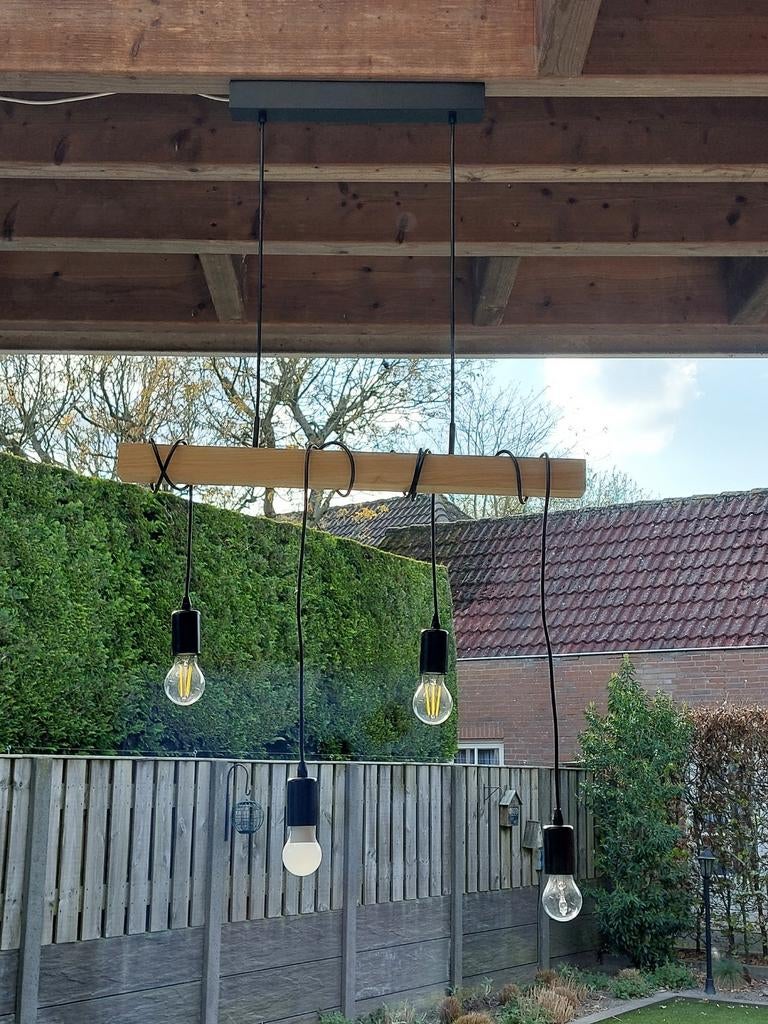 Hanglamp met houten balk en 4 lampen, Ophalen, Zo goed als nieuw, Hout, Minder dan 50 cm