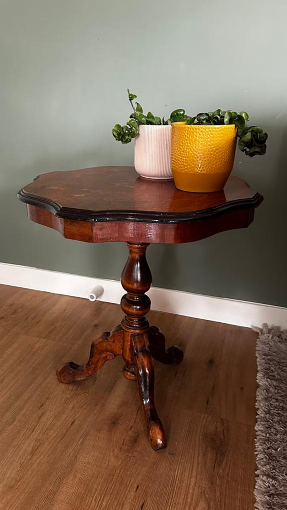 Antiek/vintage bijzettafel met ingelegd houten blad, Ophalen