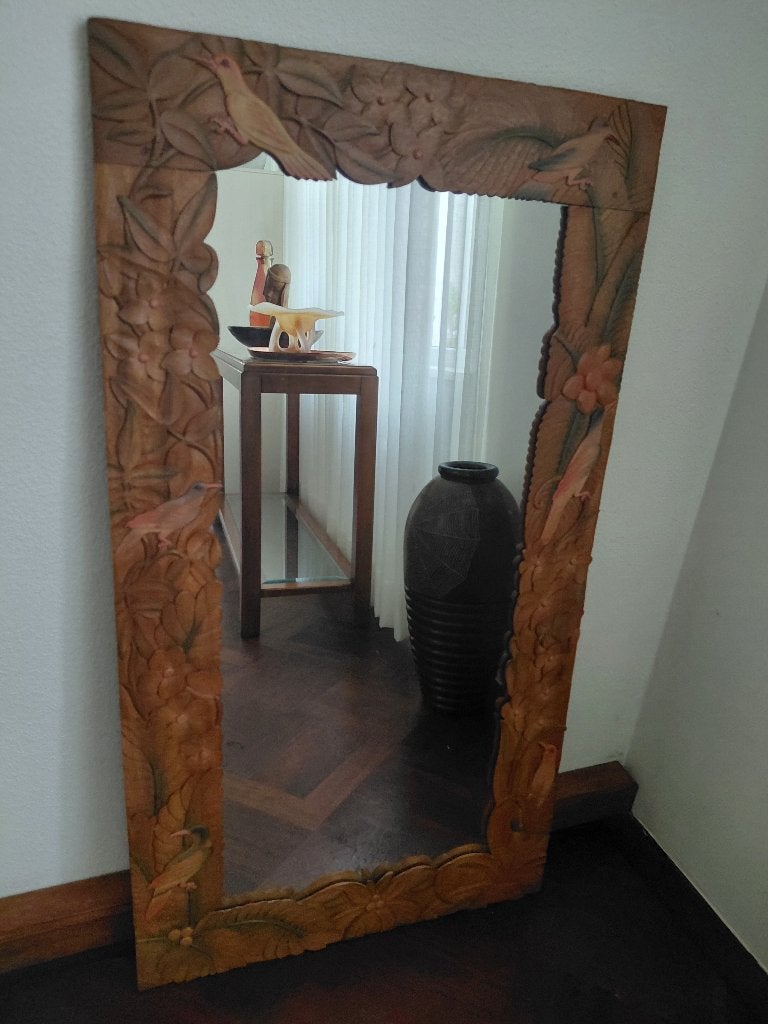 Exclusieve balinese houtsnijwerk spiegel, Ophalen, 100 tot 150 cm, Zo goed als nieuw, Rechthoekig