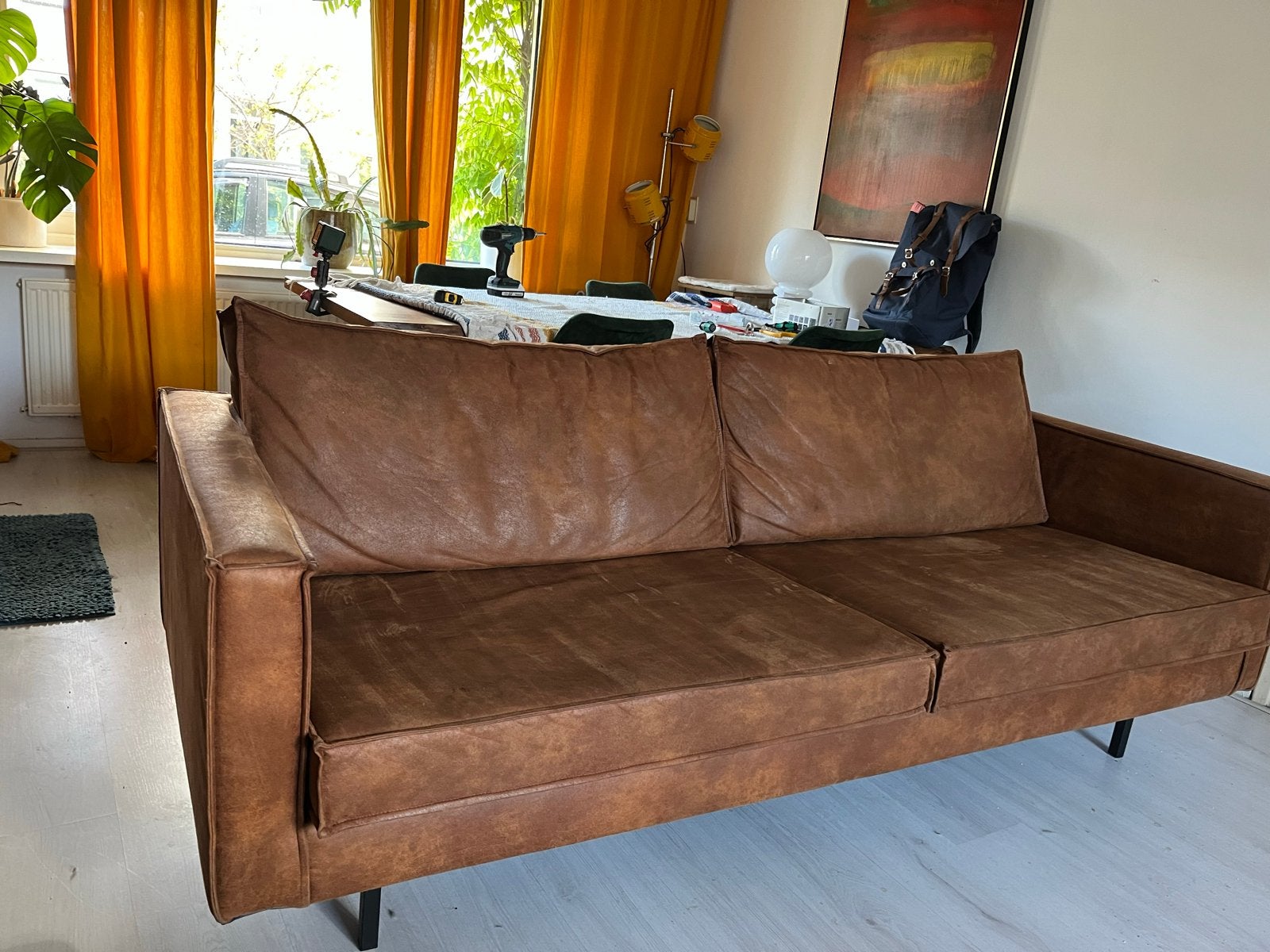 Leren bank cognac kleur 220x85x70 cm, Ophalen, Gebruikt, Driepersoons, Rechte bank