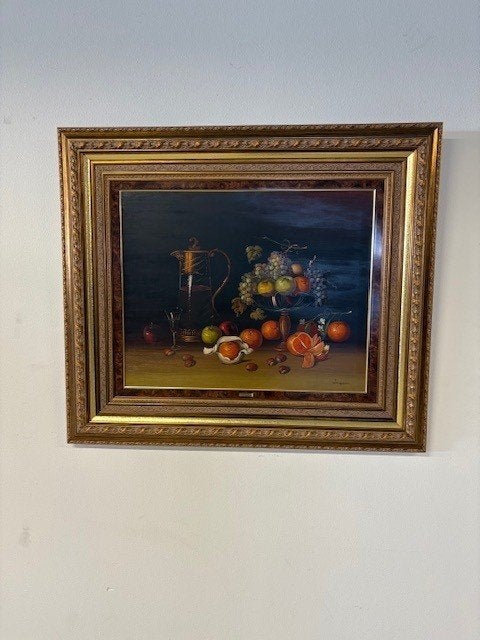 Fruit met wijnfles, Antiek en Kunst, Kunst | Schilderijen | Klassiek, Ophalen, Doek, Oud hollands, Bijzondere lijst