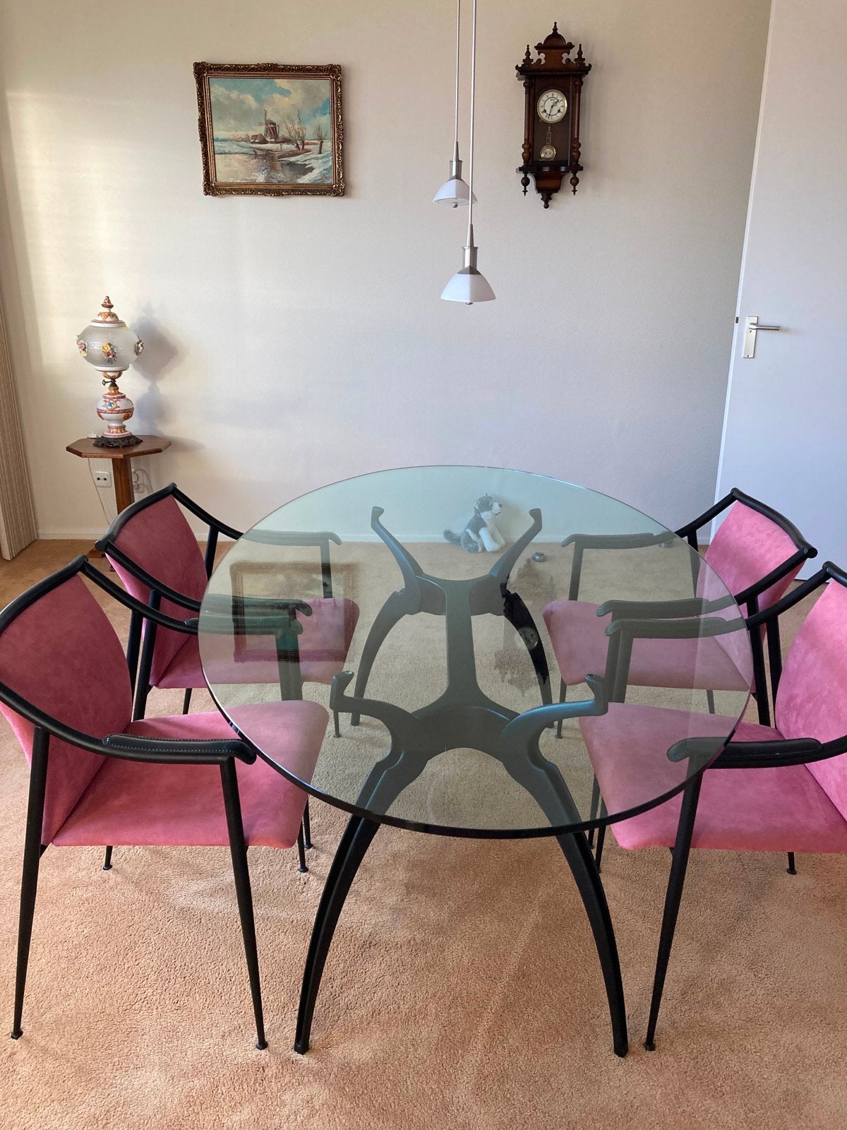 Eettafel met glazen blad en 5 stoelen (roze), Ophalen, Gebruikt, 100 tot 150 cm, Glas