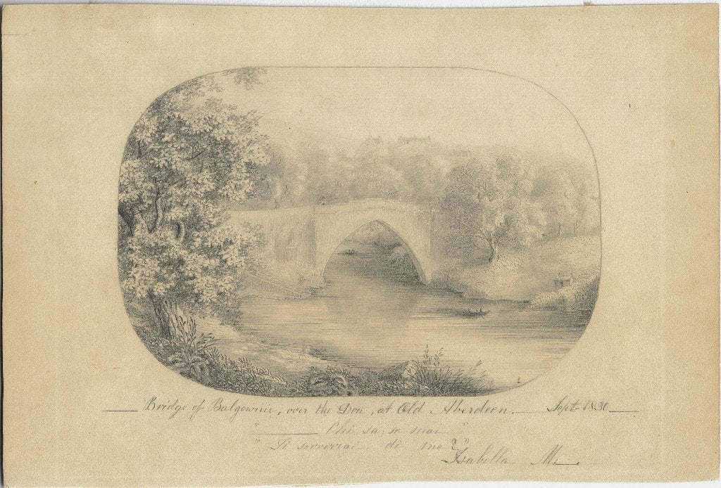 Isabella Mi potloodtekening "Bridge Balgownie Aberdeen" 1830, Ophalen, Tekening, Potloodtekening, Origineel