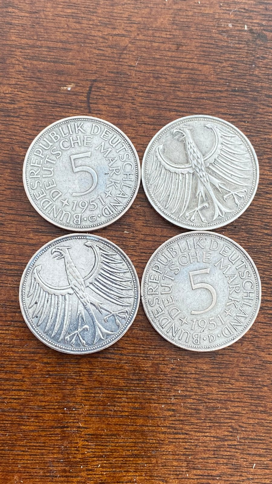 Set van 4 zilveren 5 Deutsche Mark munten 1951, Ophalen of Verzenden, Duitsland, Setje, Zilver