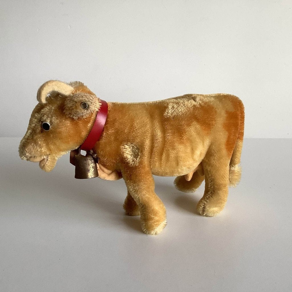 Leuke vintage Steiff koe met bel en knopje, Antiek en Kunst, Ophalen of Verzenden