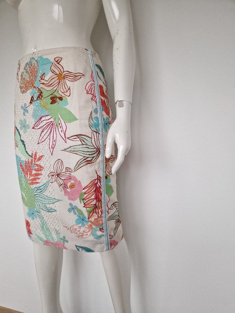 Marc Cain kokerrok. N2. Crème/bloemenprint., Marc Cain, Meerkleurig, Nijmegen, Verhip-vintage.nl