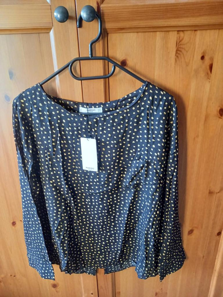 Mango soepelvallende blouse nieuw M zwart goudkleurige dots, Maat 38/40 (M), Mango, Zwart, Nieuw