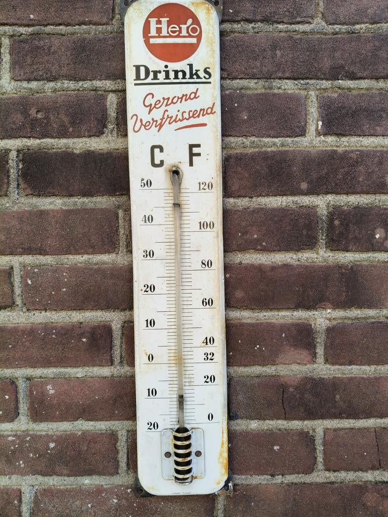 Hero emaille reclamebord thermometer, Ophalen of Verzenden, Gebruikt, Reclamebord