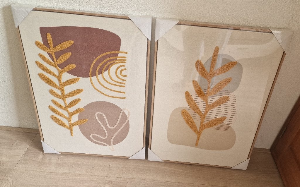 2X wanddecoratie duo schilderij in naturel kleuren, Ophalen, Textiel, Bruin, Landelijk