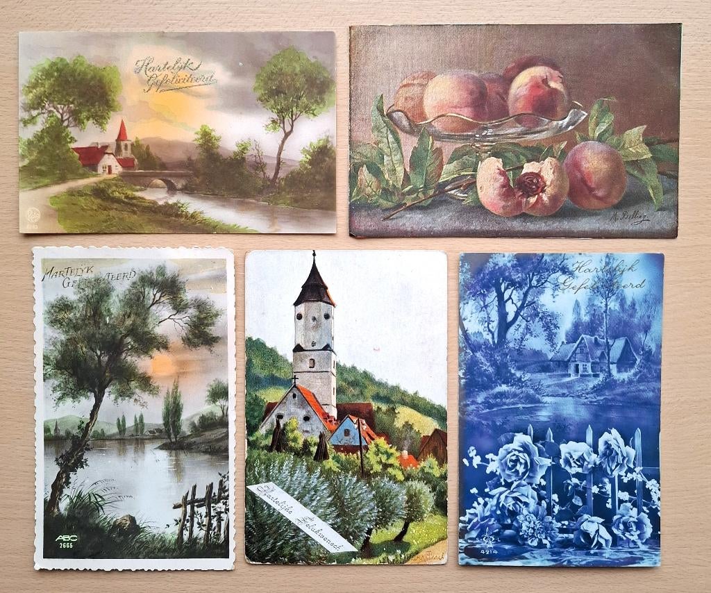 5 ansichtkaarten uit 1918-1930 Gefeliciteerd, Verzamelen, Ansichtkaarten | Themakaarten, Verzenden, 1920 tot 1940, Gelopen, Overige thema's