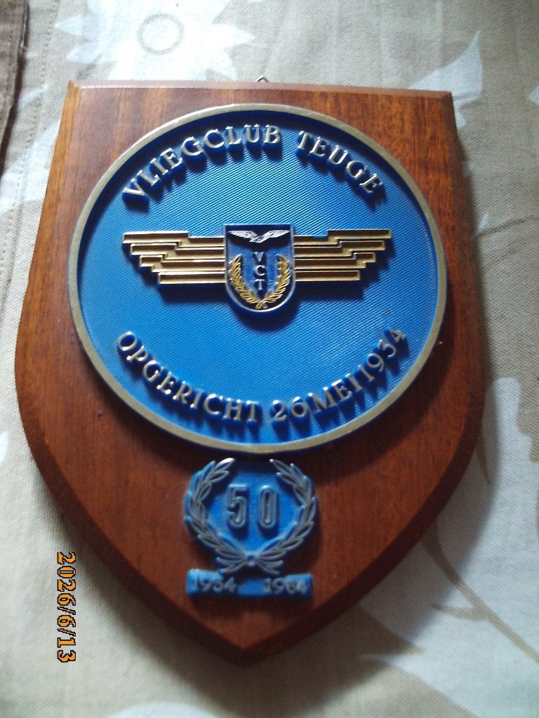 wapenschild Vliegclub Teuge opgericht 26 mei 1934 50 jr 1984, Ophalen of Verzenden, Overige soorten, Nederland, Embleem of Badge