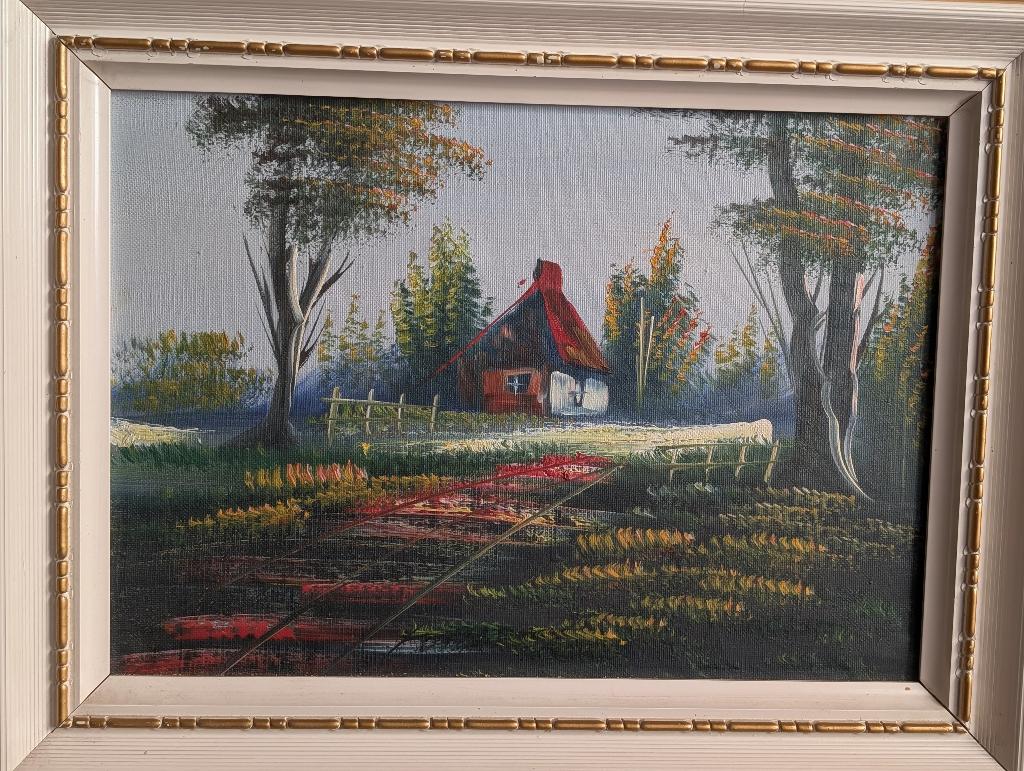 Schilderij huisje in landschap, Ophalen of Verzenden
