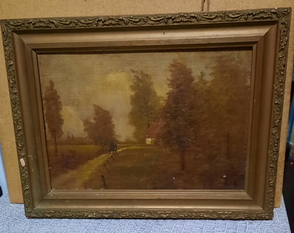 Oud schilderij met landschap en boerderij, Ophalen of Verzenden