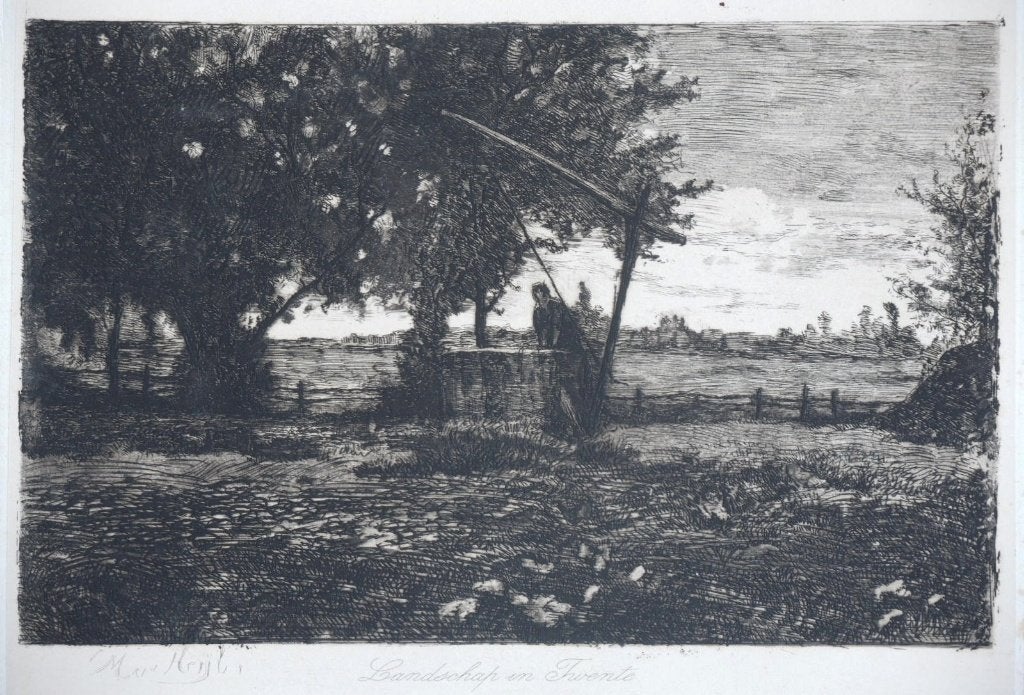 Marinus Heijl ets chine appliqué "Bosgezicht in Twente", Ophalen, 1800 - 1899, Ets, Origineel