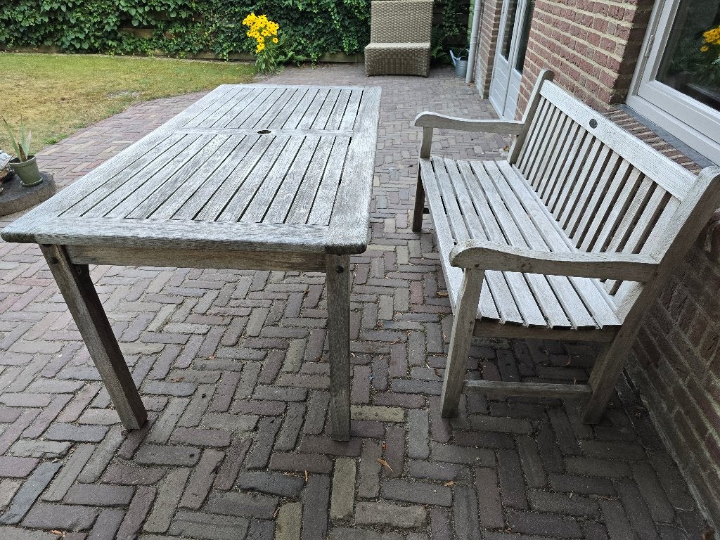 Teak houten tafel en bank, Ophalen, Gebruikt, Teakhout