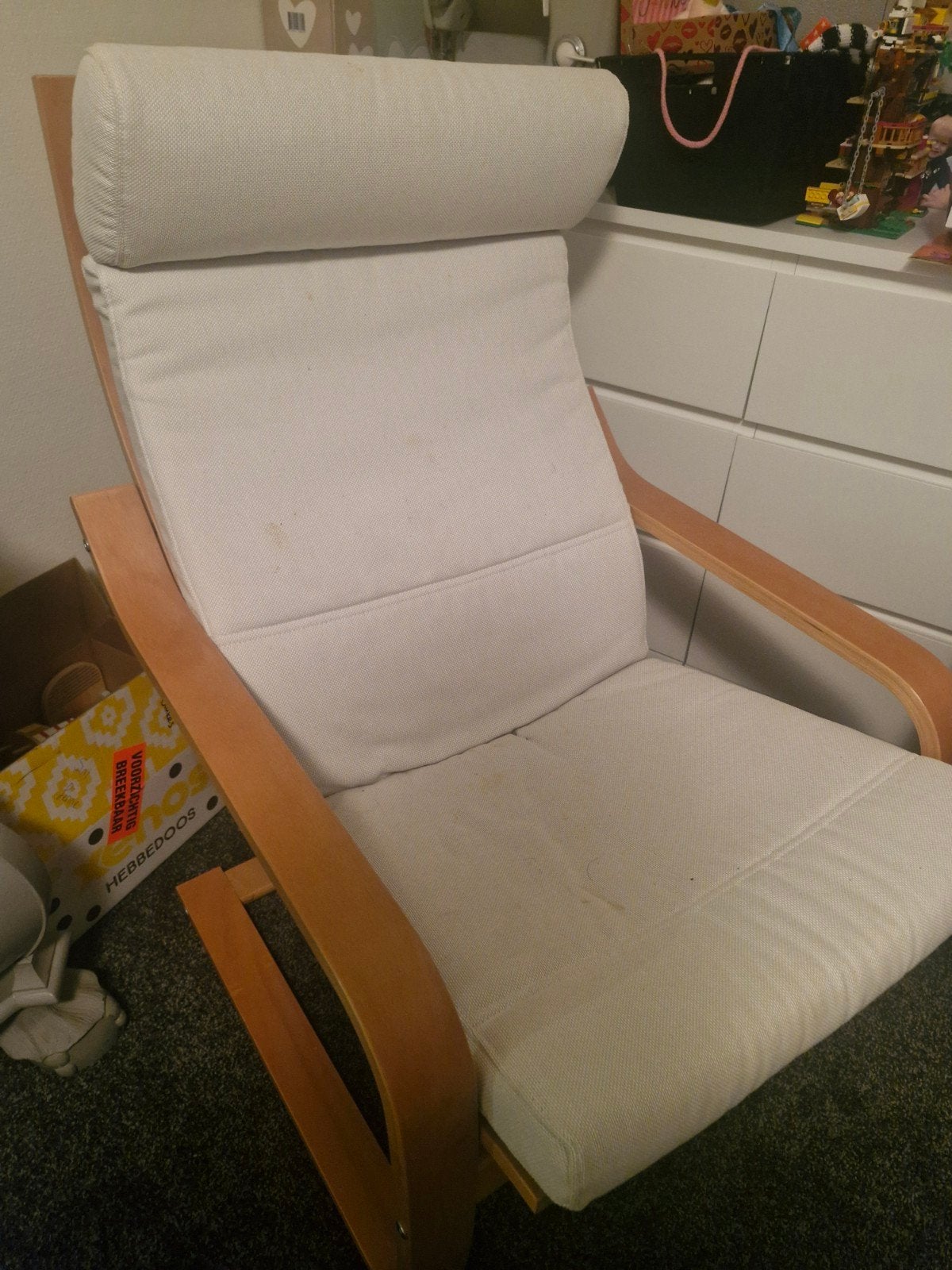 IKEA Poäng stoel met licht houten frame en beige kussens, Ophalen, Gebruikt, Modern, Scandinavisch, Wit
