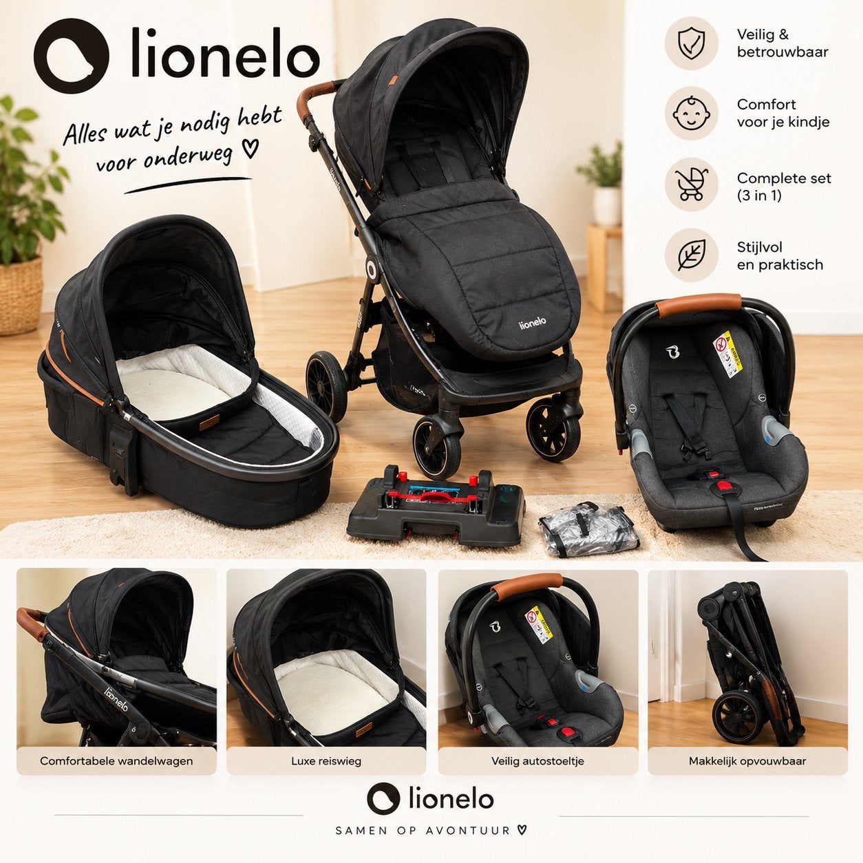 Complete zwarte lionelo kinderwagen, Ophalen, Gebruikt, Overige merken
