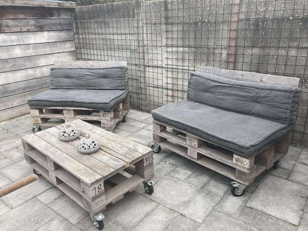 Pallet bankjes met tafel op wielen, Gebruikt, Loungeset, Bank, Hout