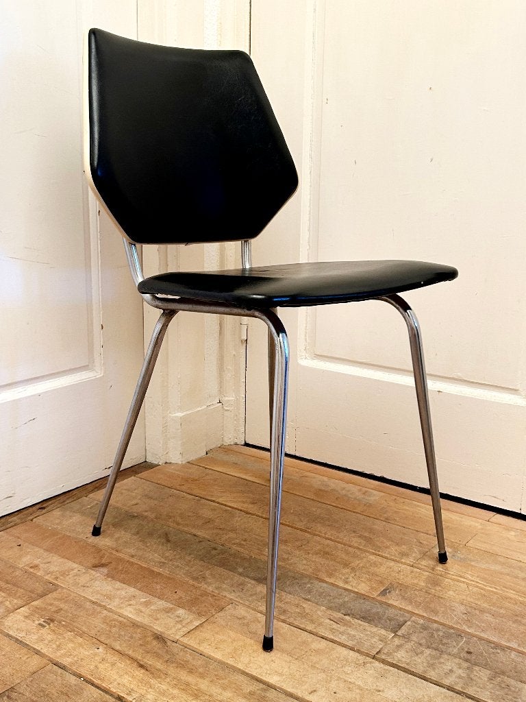 Vintage MidCentury hexagon zwart skai chroom buisframe stoel, Ophalen, Gebruikt, Hout, Zwart