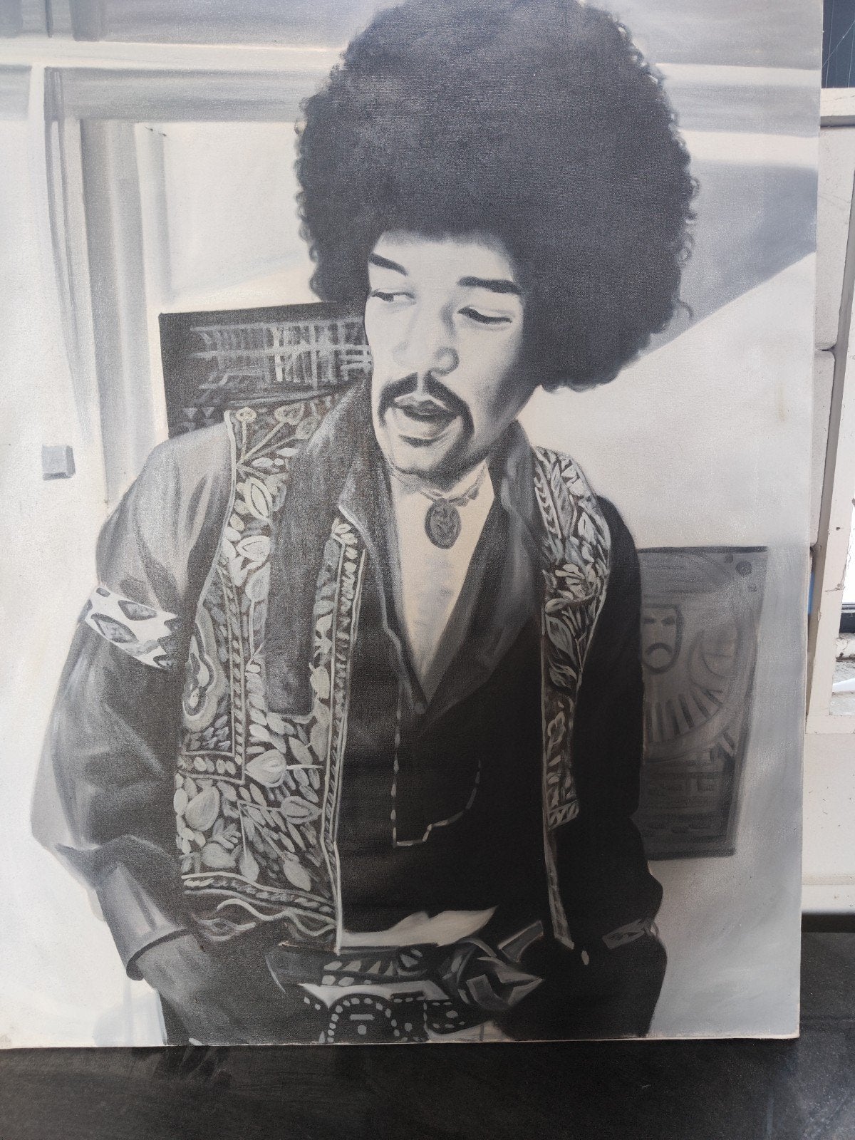 Schilderij Jimi Hendrix - Zwart-wit portret op  doek uitde, Antiek en Kunst, Ophalen of Verzenden, Olieverf, Op houten frame, Muziek