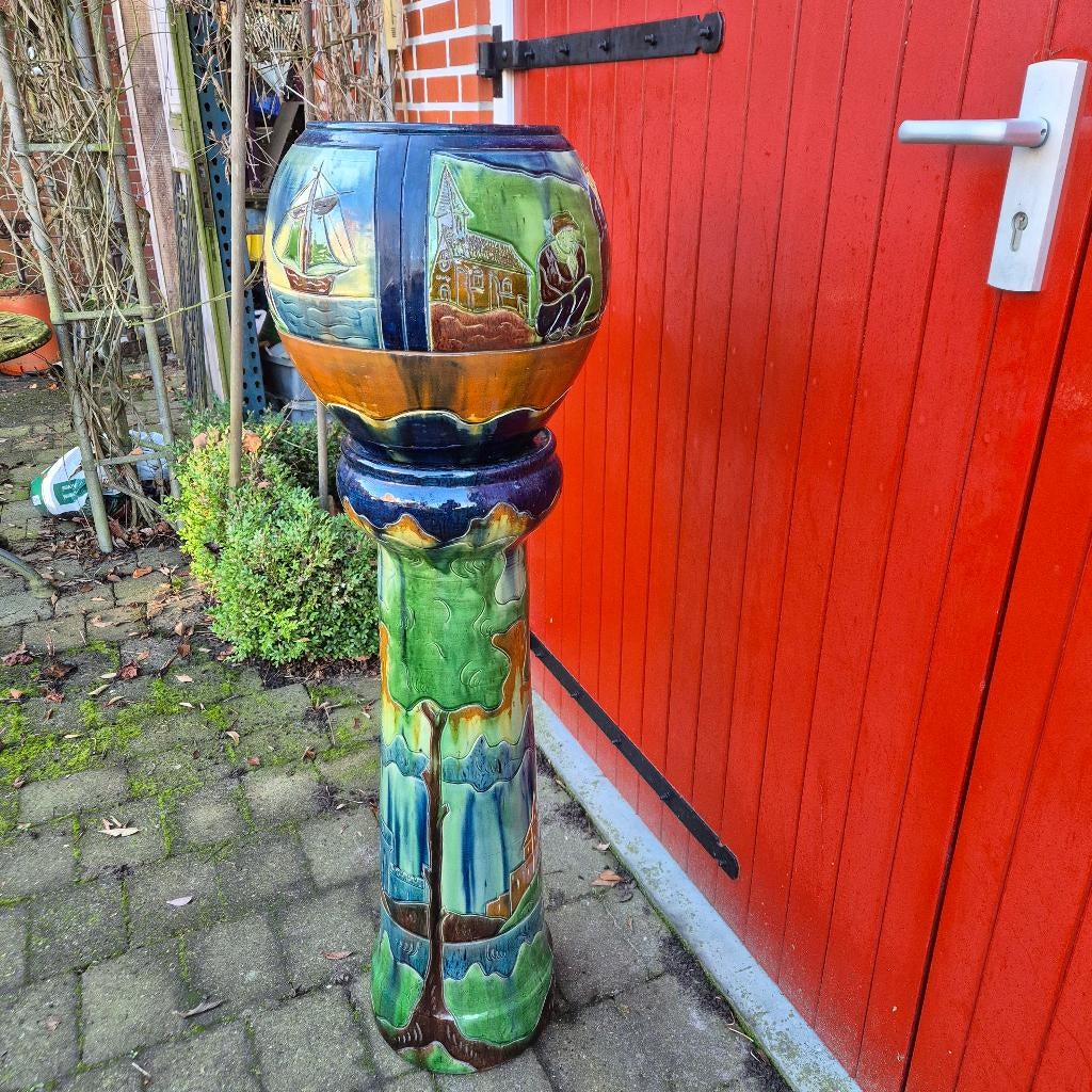 124cm hoog Antieke cachepot, pied de stal, bloempot op zuil, Tuin en Terras, Bloempotten, Rond, Binnen, Zo goed als nieuw, Aardewerk