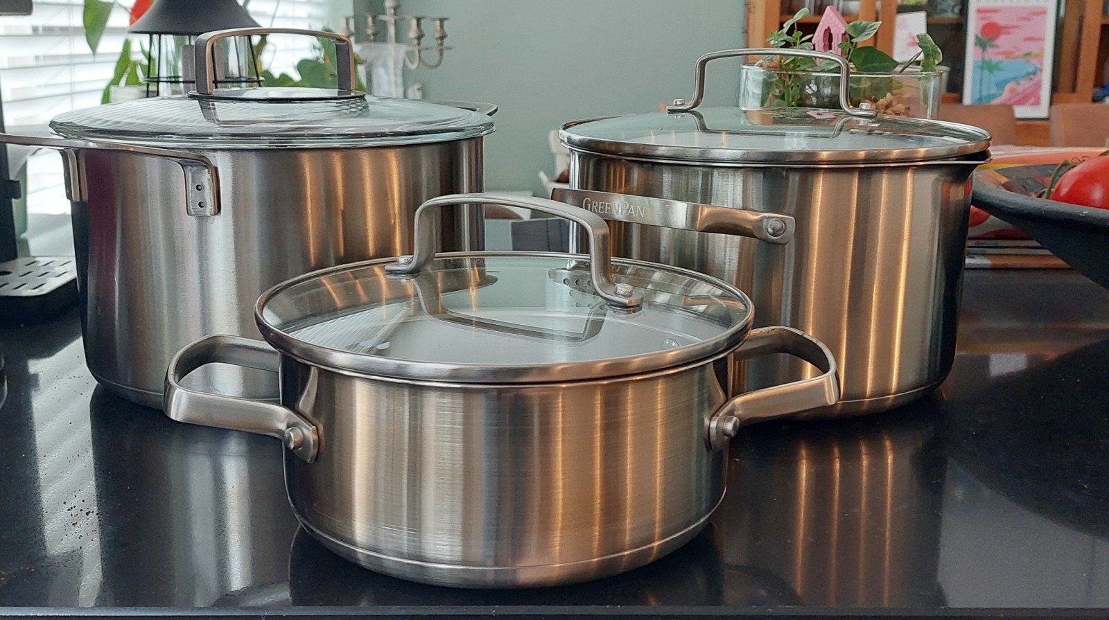 GreenPan & Ikea pannenset RVS met glazen deksels, Ophalen, Met deksel, Gebruikt, Pannenset