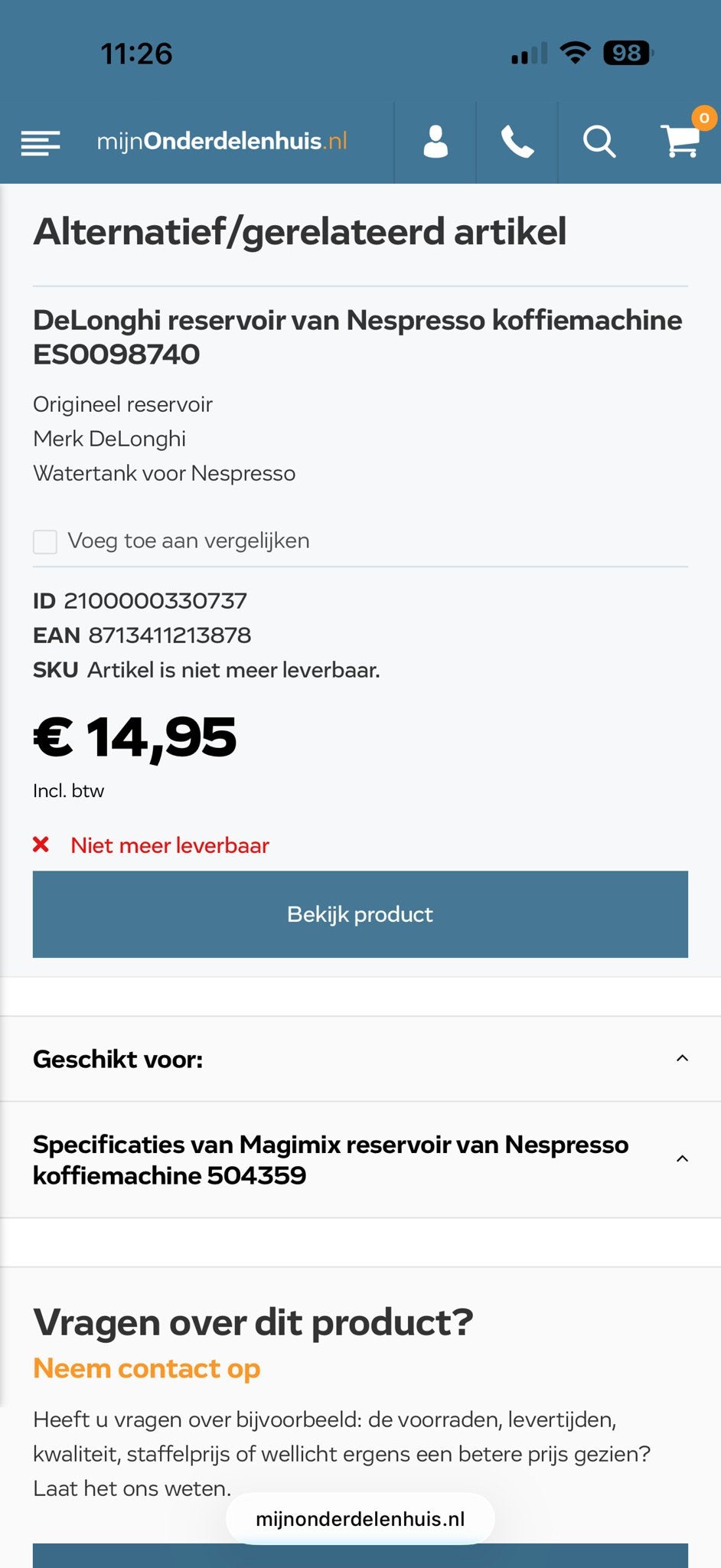 Magimix Nespresso Koffiemachine Waterreservoir 504359, Ophalen of Verzenden, Nieuw