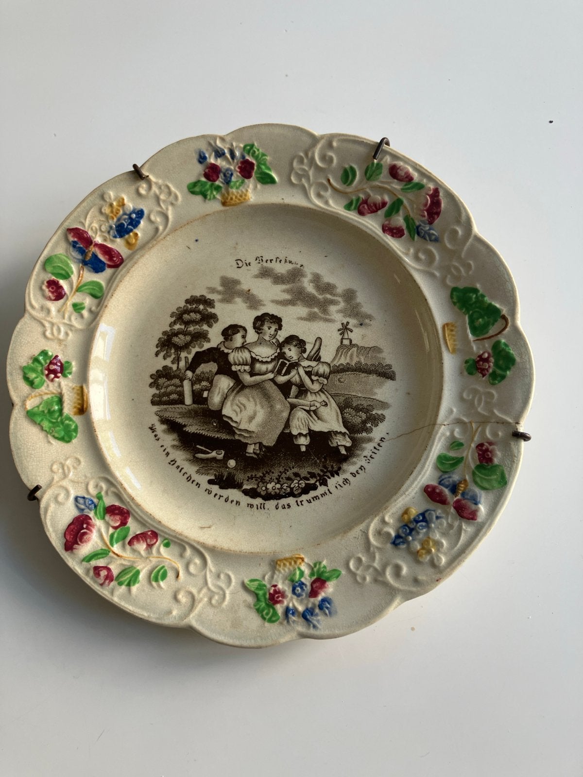 Antiek decoratief bord met afbeelding en tekst, Antiek en Kunst, Ophalen