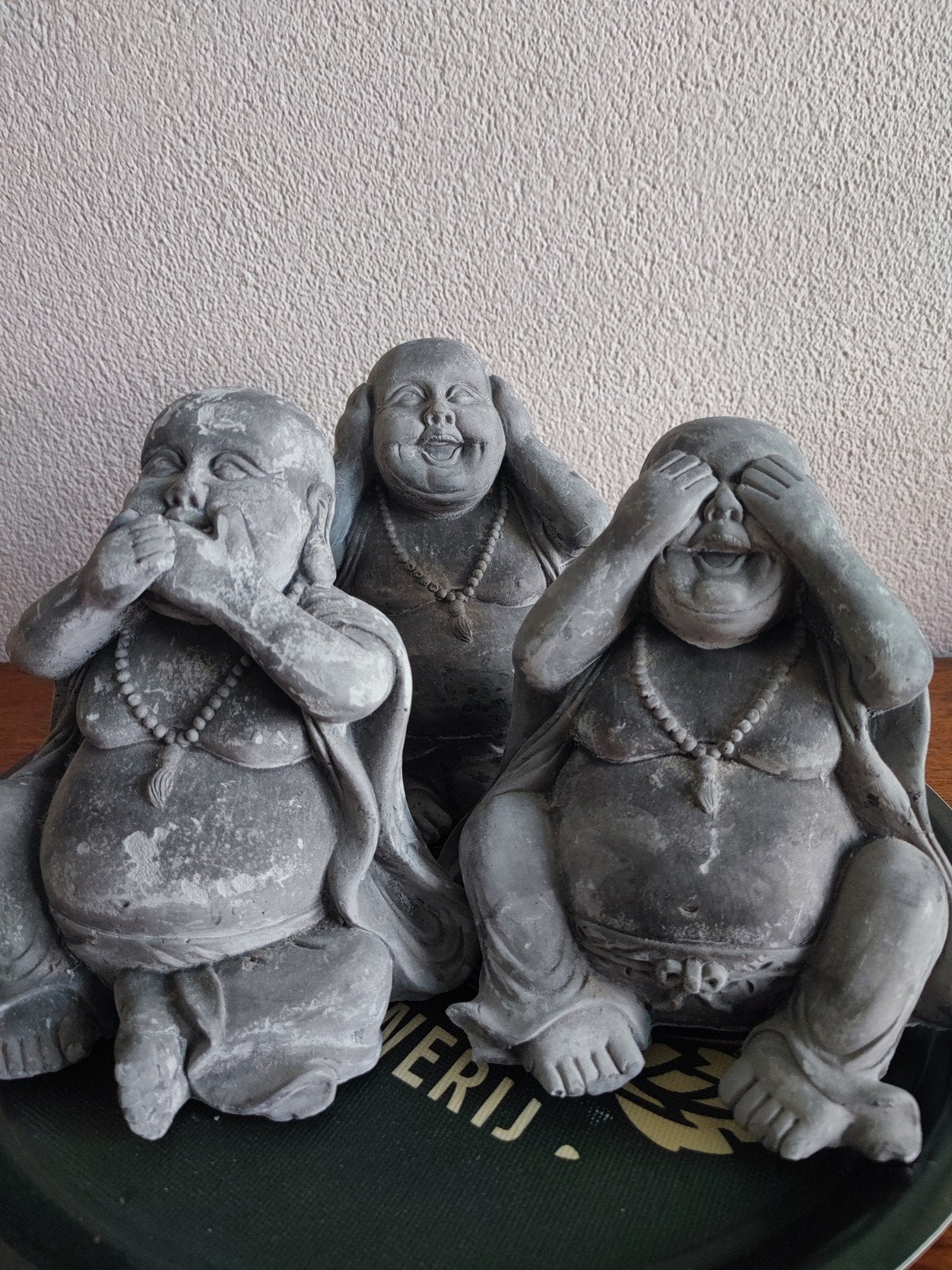 Set van 3 Boeddha beeldjes: Horen, Zien, Zwijgen, Gebruikt, 20 cm, Steen/keramiek, Grijs