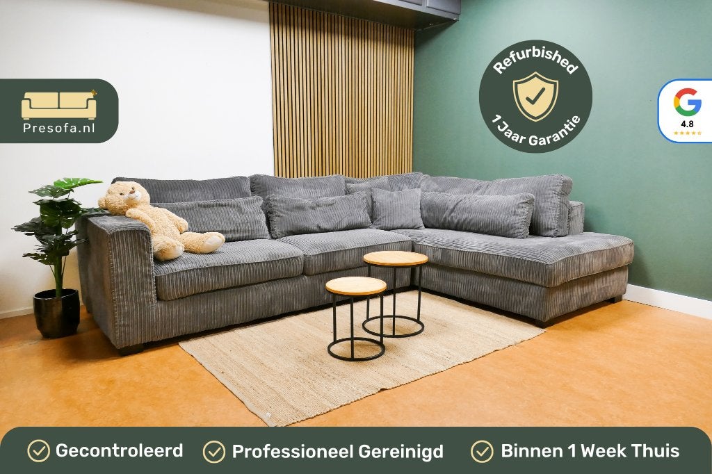 Grote Ribstof Lounge Hoekbank Donker Grijs [Refurbished], Ribstof, -, -, Hoekbank