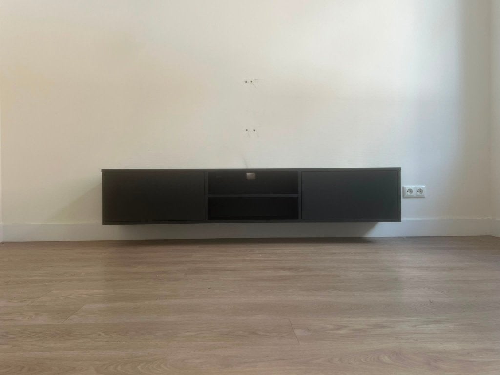 Zwevend TV meubel zwart eikenhout, 180cm breed, Ophalen, 150 tot 200 cm, Eikenhout, Zo goed als nieuw