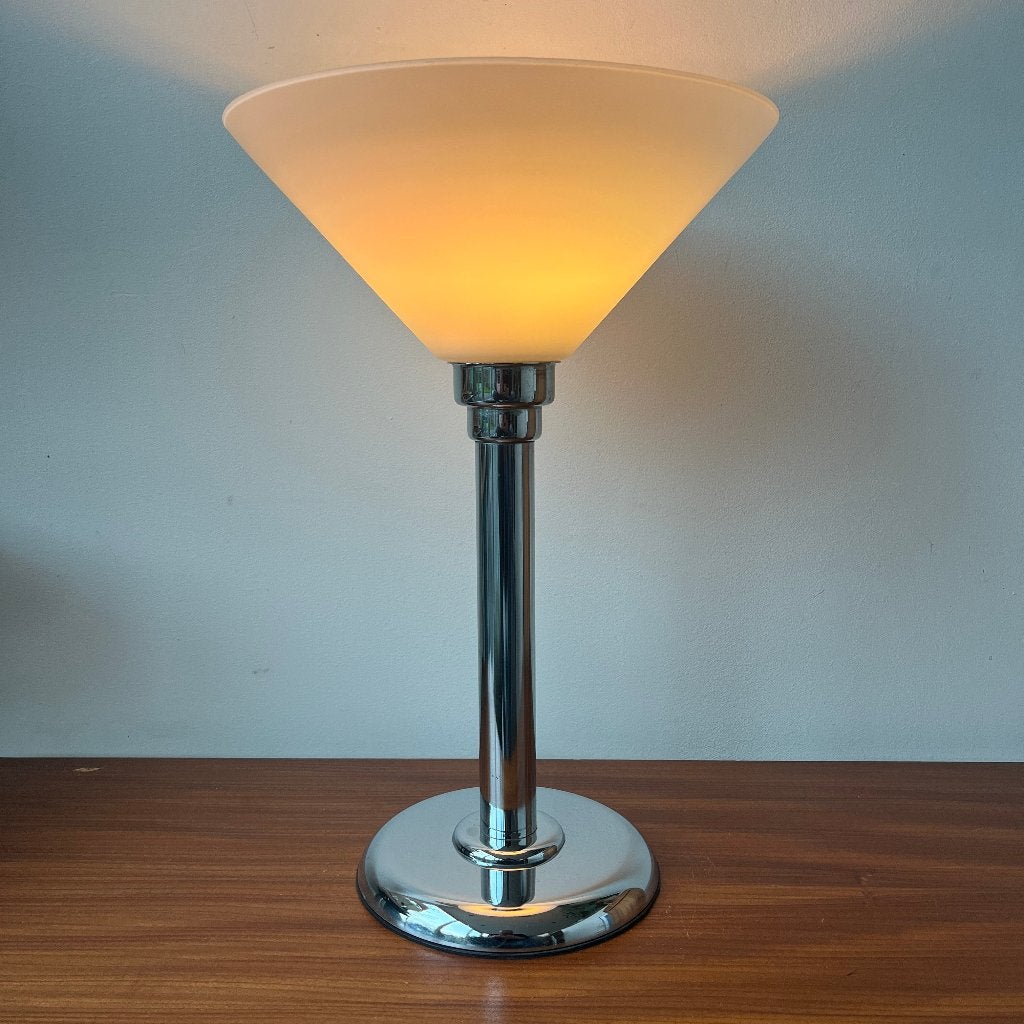 Art Deco vintage chroom en melkglas tafellamp, Ophalen of Verzenden