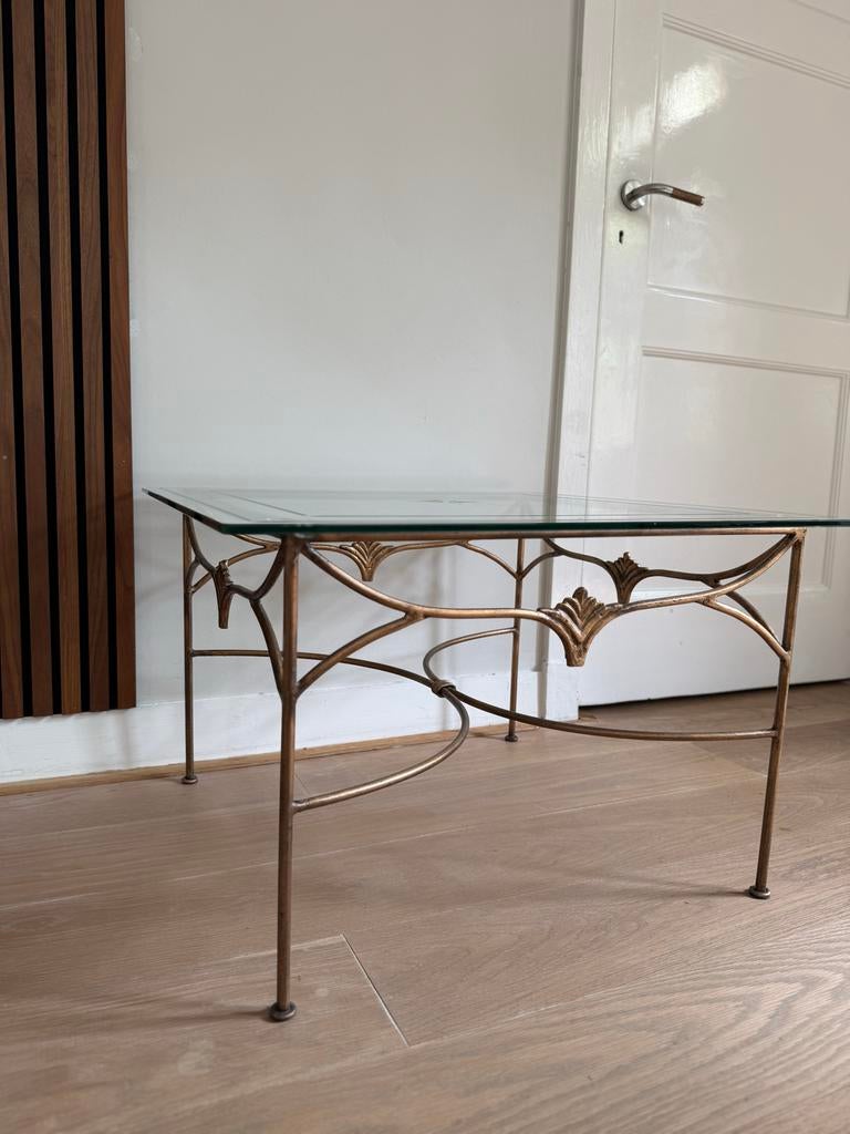 Vintage salontafel met geslepen glazen blad | brons |messing, Huis en Inrichting, Tafels | Salontafels, Ophalen, Gebruikt, 100 tot 150 cm