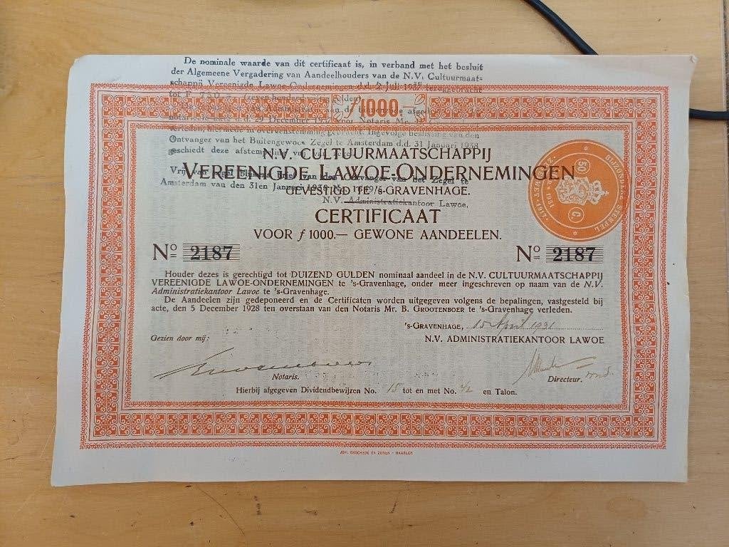 aandeel , certificaat Lawoe ondernemening, Ophalen of Verzenden, 1920 tot 1950, Aandeel