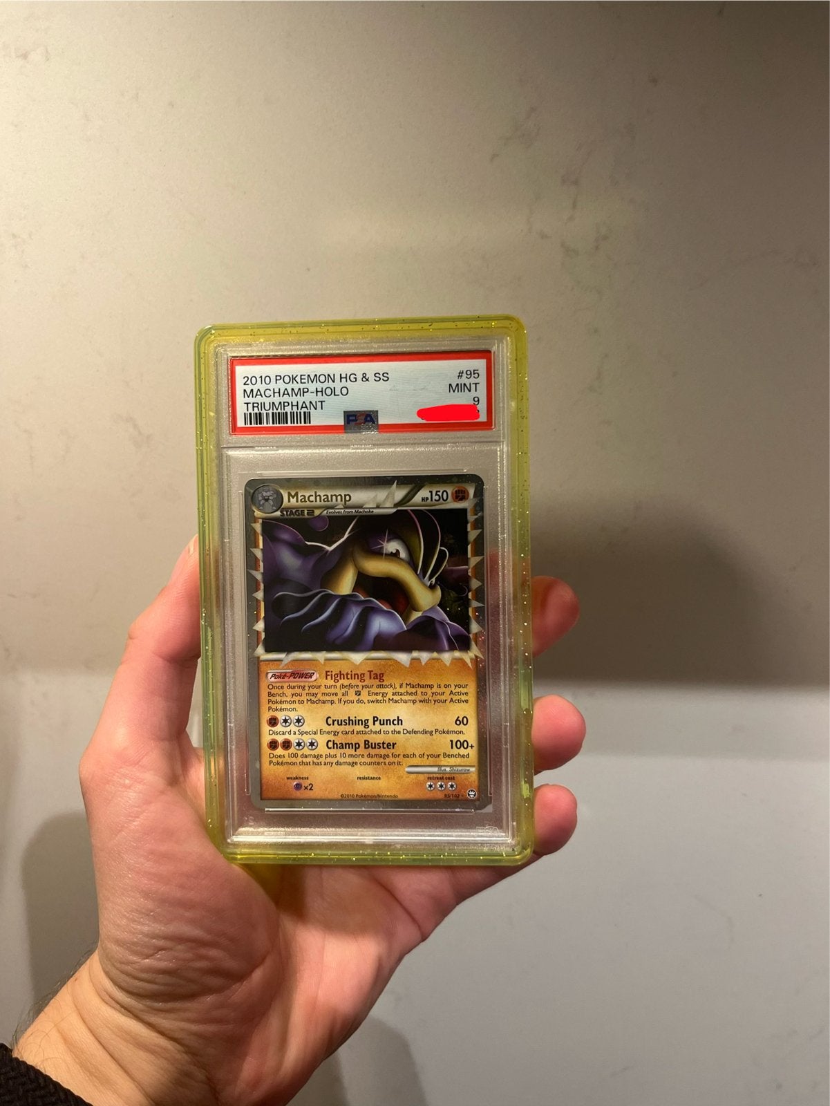 PSA 9 Machamp Holo Triumphant Pokémon Kaart, Ophalen of Verzenden, Zo goed als nieuw, Losse kaart